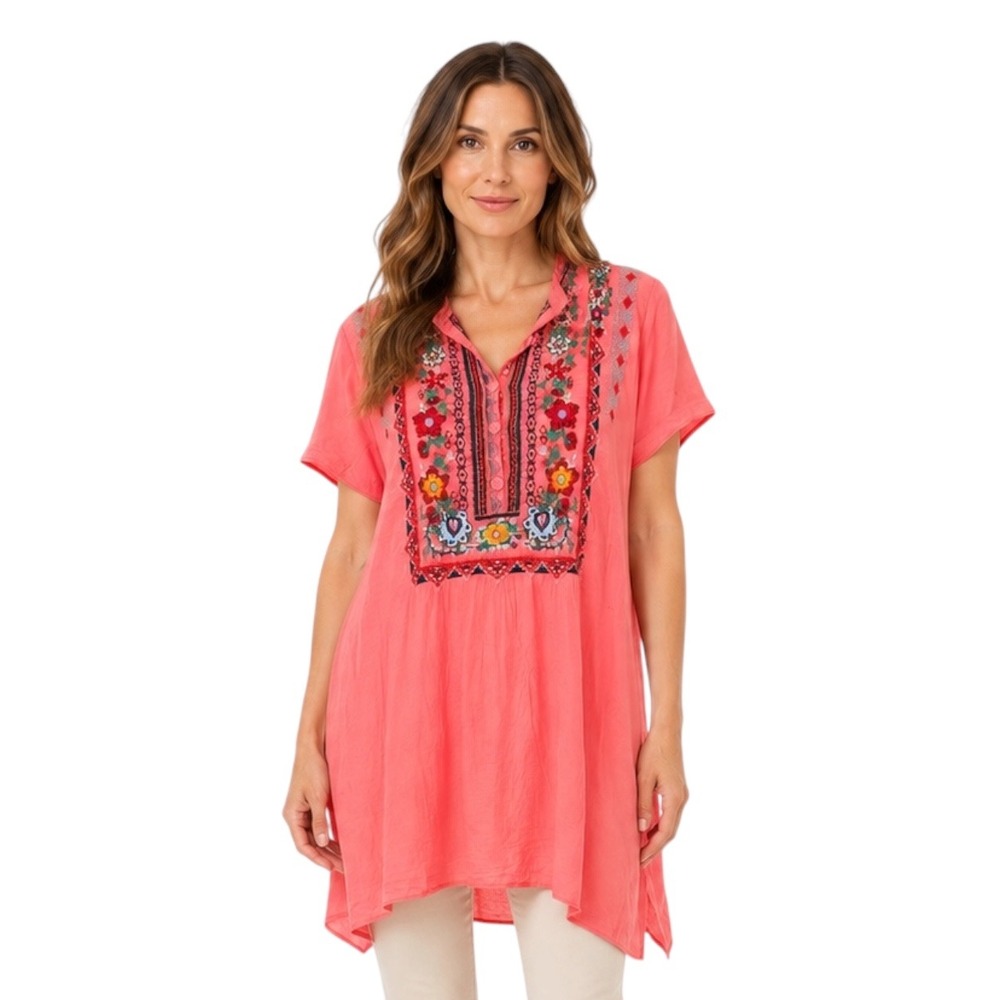 Johnny Was Embroidered Short‎ Sleeve Tunic Top Small Coral Pink Floral Boho